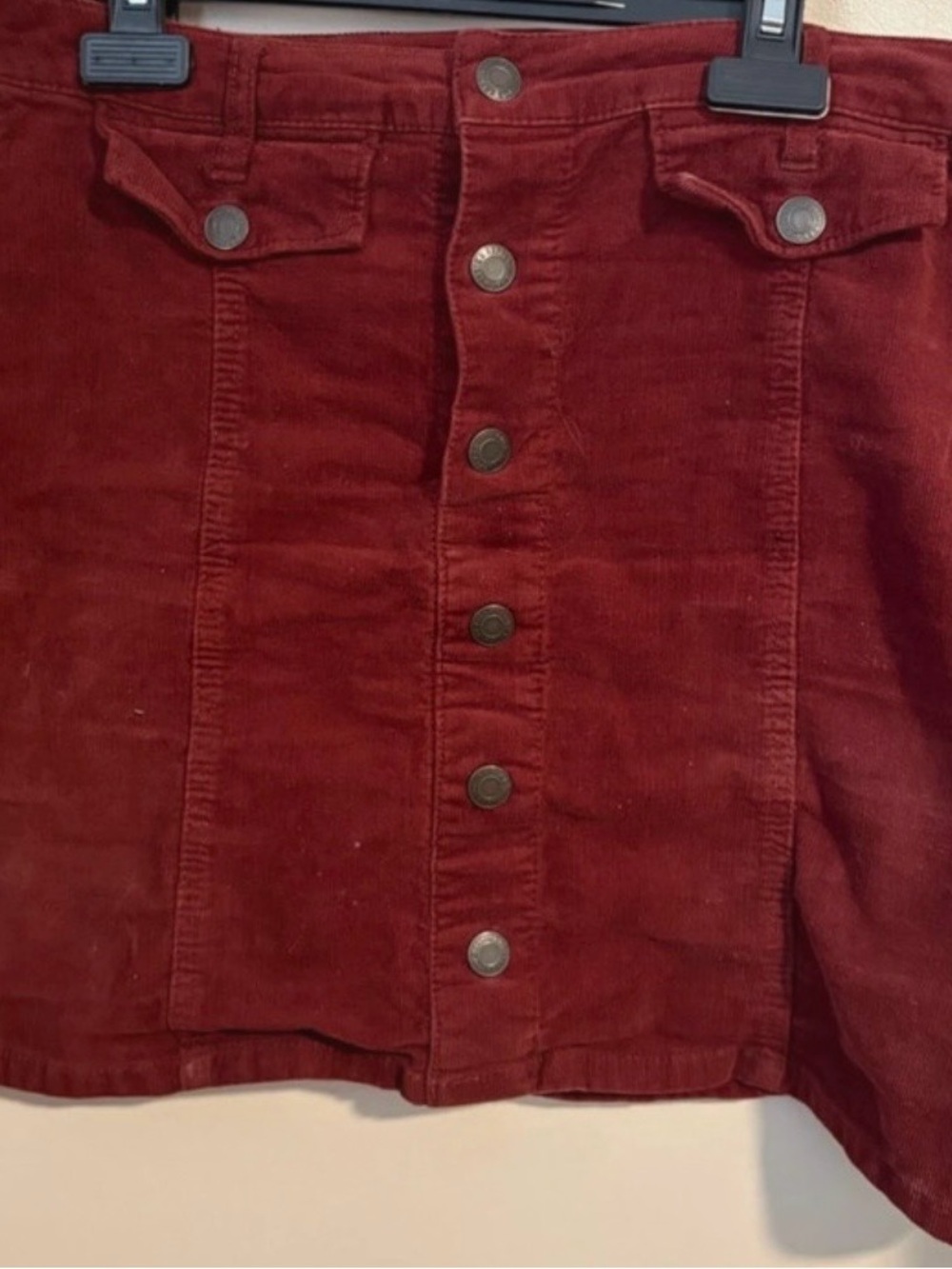 Button-Front Corduroy Mini Skirt in Berry Red